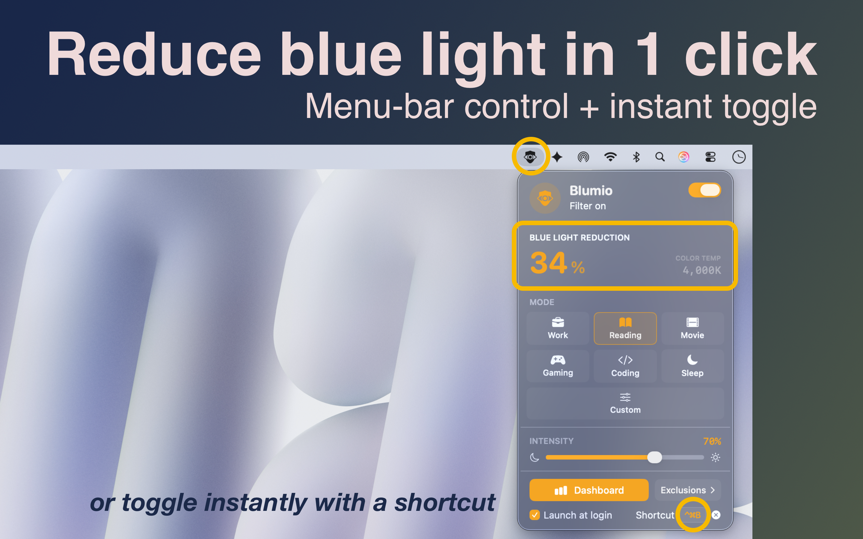 Blumio blue light filter for Mac — menu bar popover with filter modes and intensity control