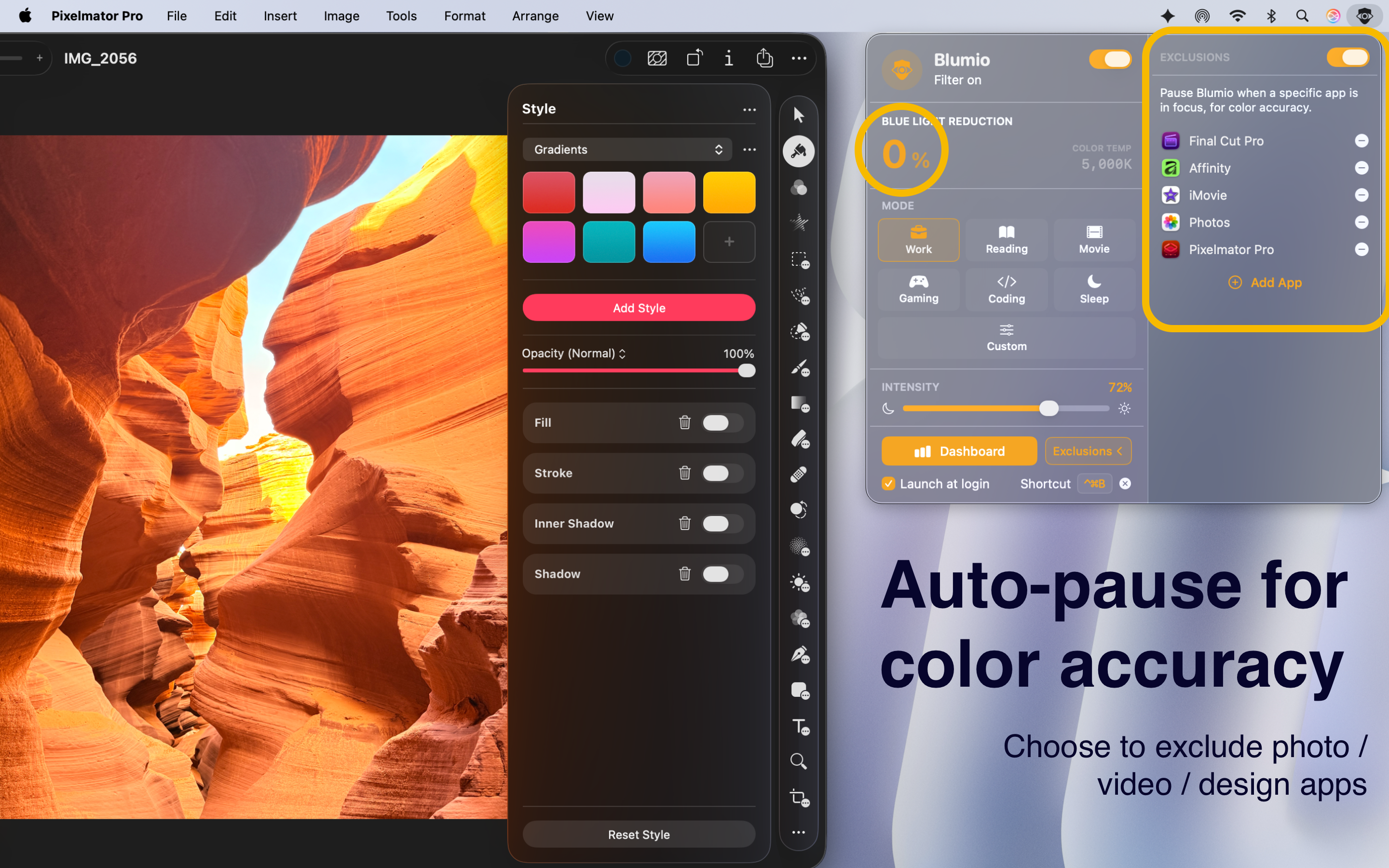 Blumio blue light filter active — Work mode for reducing eye fatigue during the day