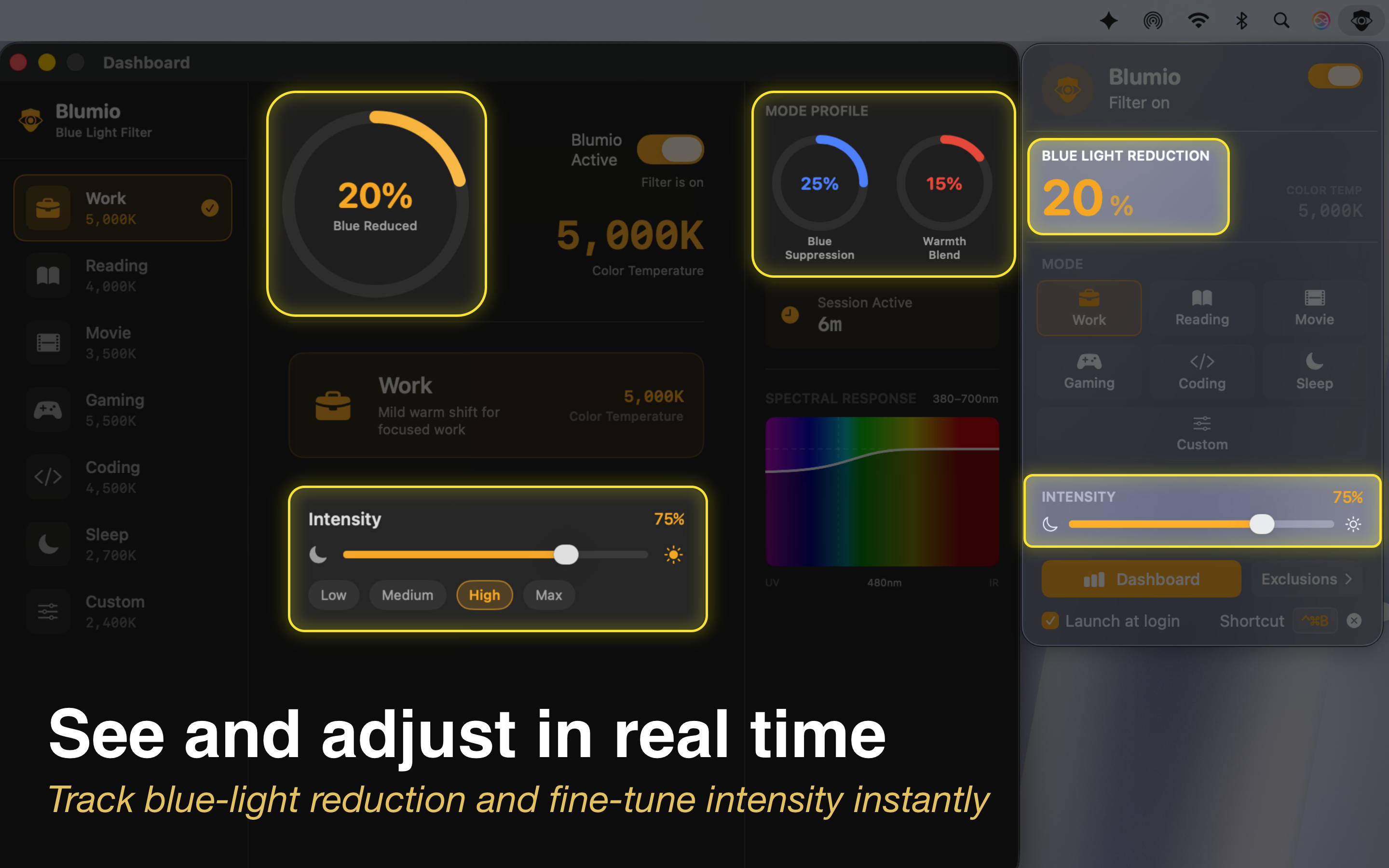 Blumio app exclusions panel — automatically pause blue light filter for specific apps